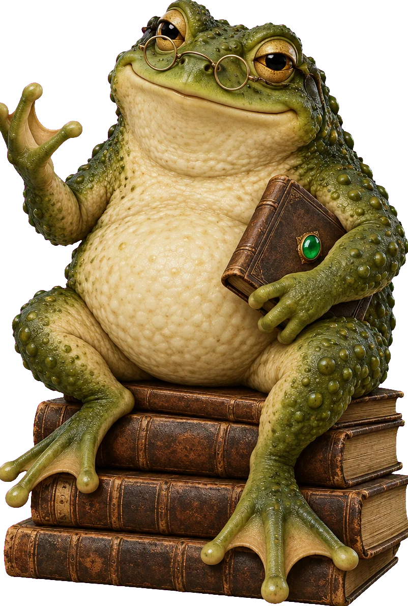 Toad Pimple: a scholarly toad in round wire spectacles, seated on a stack of worn books.